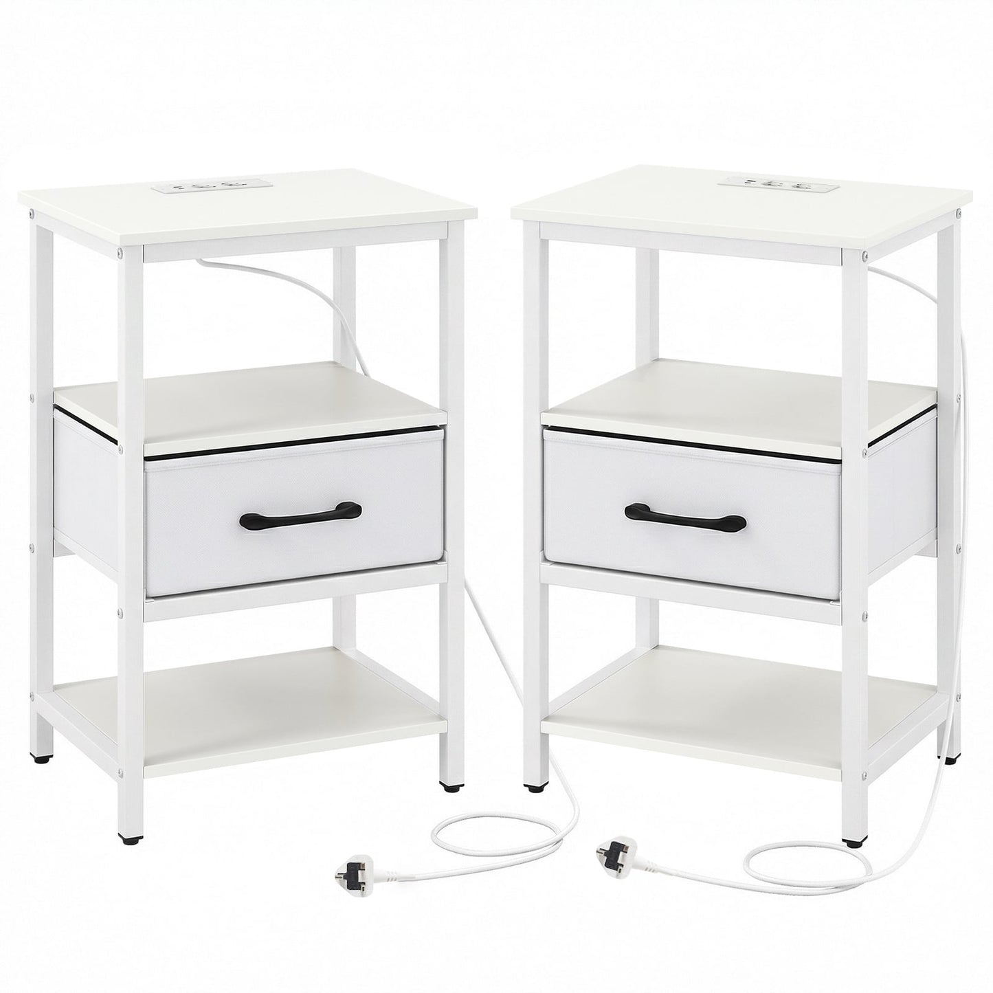 Set of 2 Nightstand Bedside Table with Charging Station and Drawer-White