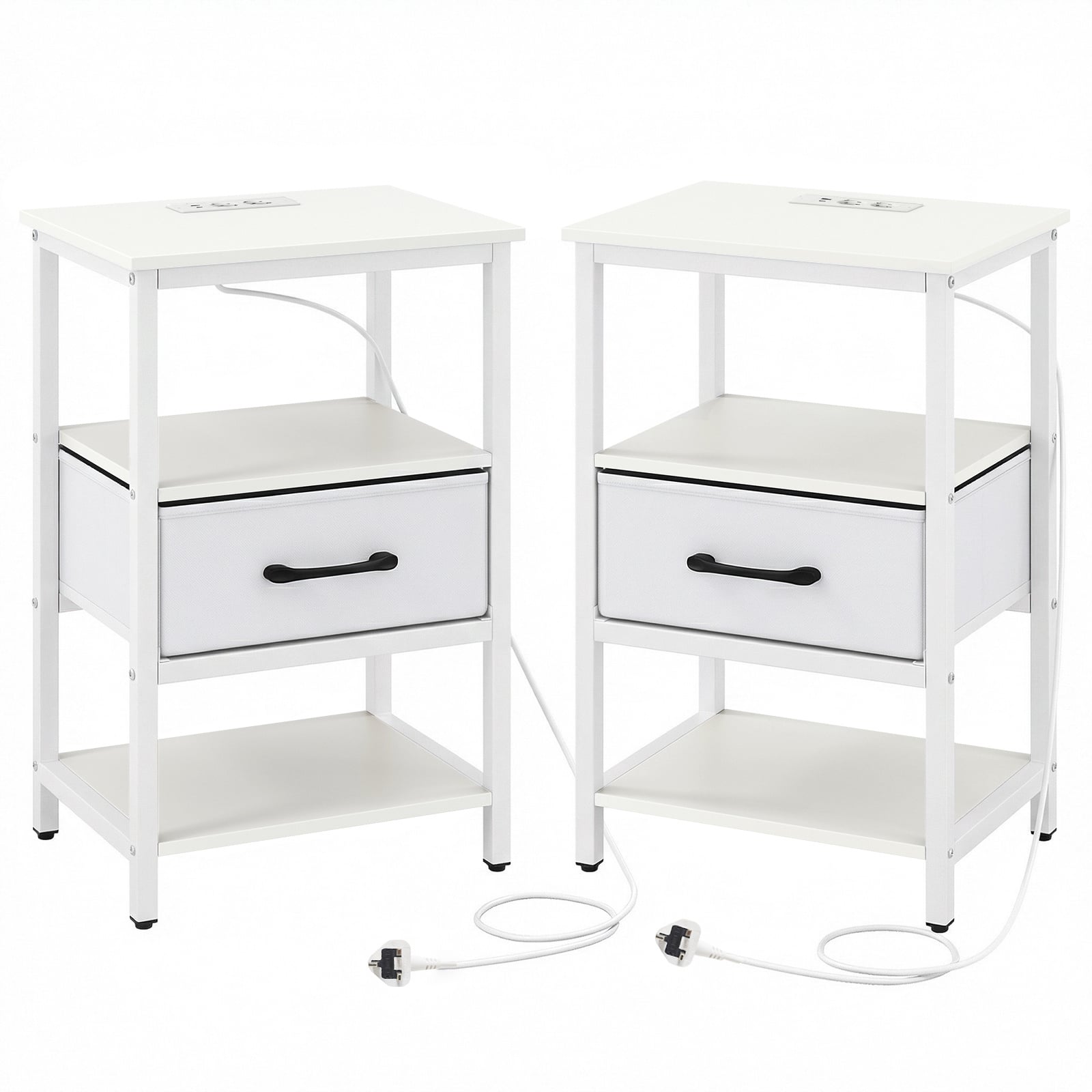 Set of 2 Nightstand Bedside Table with Charging Station and Drawer-White