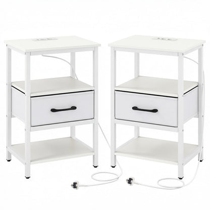 Set of 2 Nightstand Bedside Table with Charging Station and Drawer-White