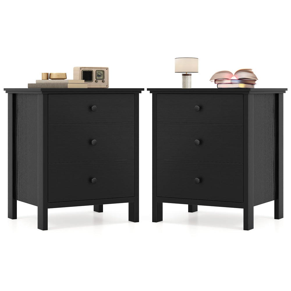 Set of 2 Nightstand with 3 Drawer for Bedroom Compact Storage Chest-Black