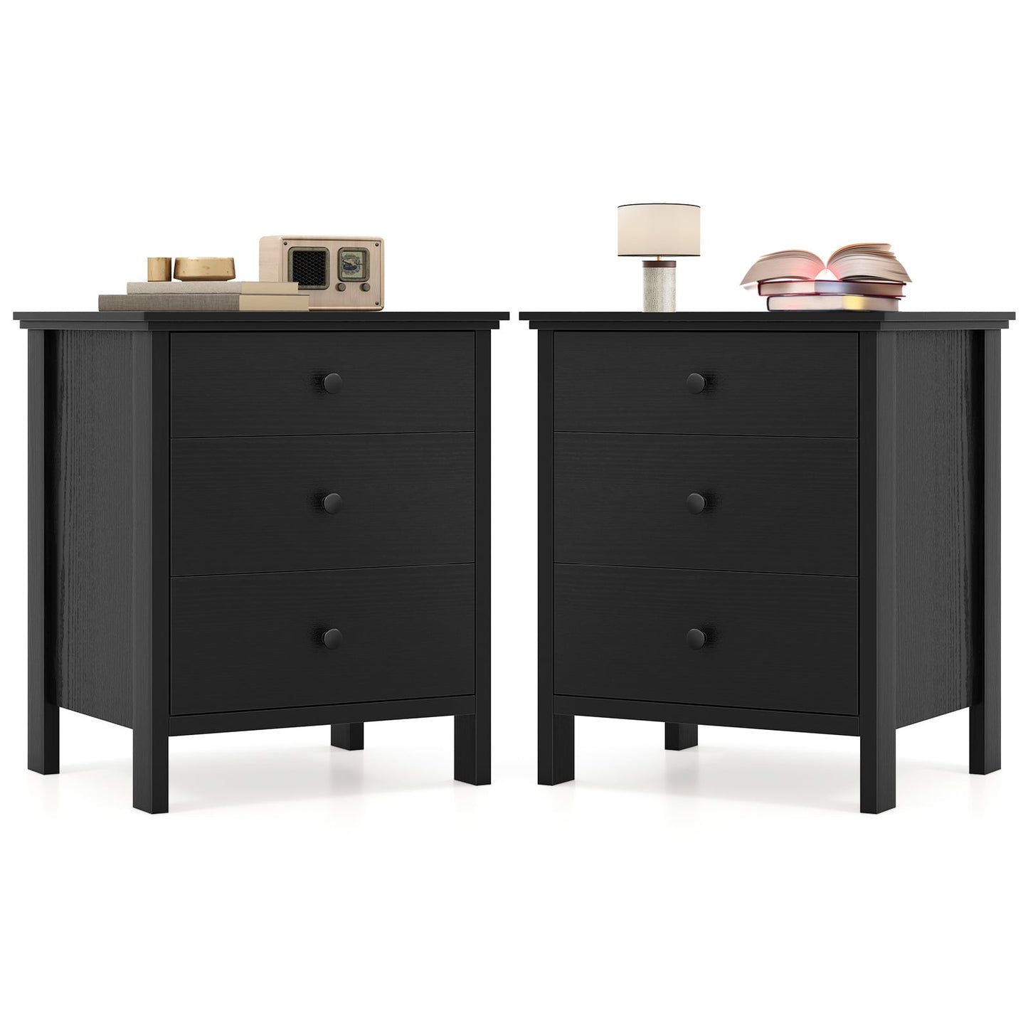 Set of 2 Nightstand with 3 Drawer for Bedroom Compact Storage Chest-Black
