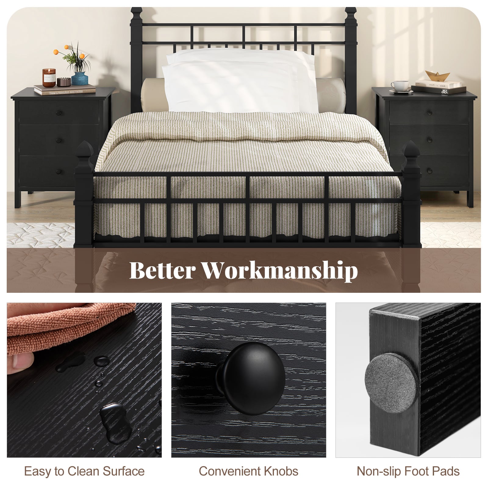 Set of 2 Nightstand with 3 Drawer for Bedroom Compact Storage Chest-Black