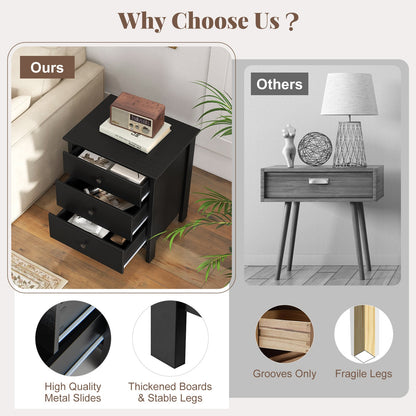Set of 2 Nightstand with 3 Drawer for Bedroom Compact Storage Chest-Black
