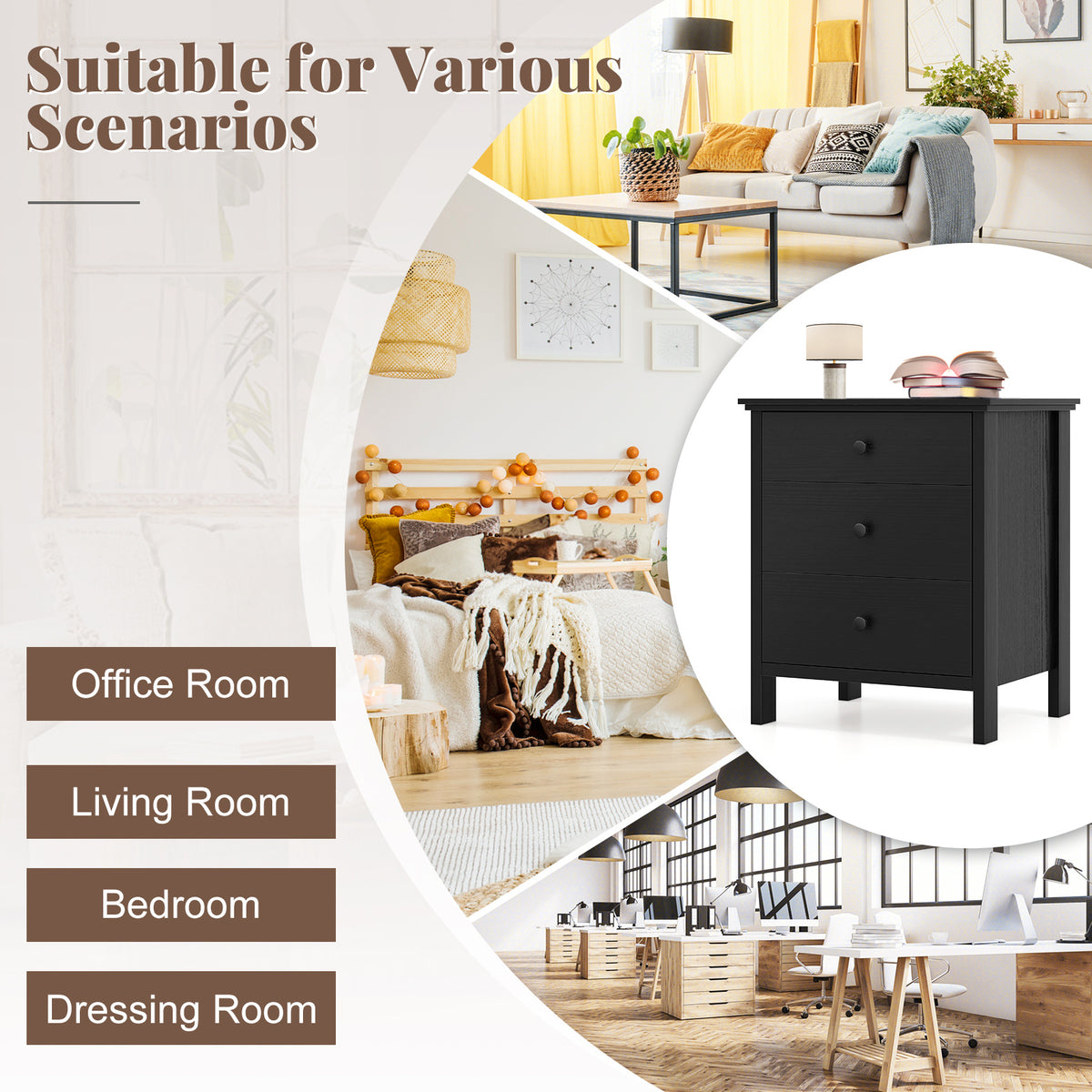 Set of 2 Nightstand with 3 Drawer for Bedroom Compact Storage Chest-Black