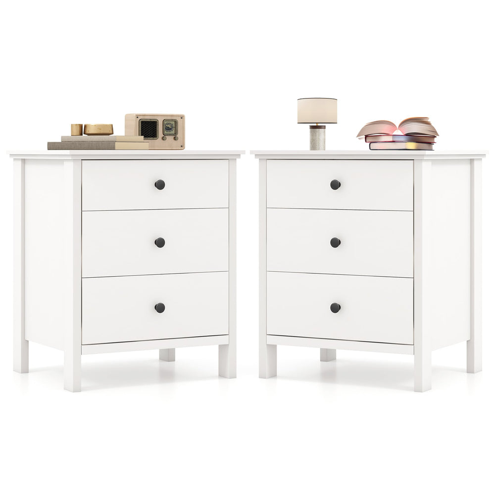 Set of 2 Nightstand with 3 Drawer for Bedroom Compact Storage Chest-White