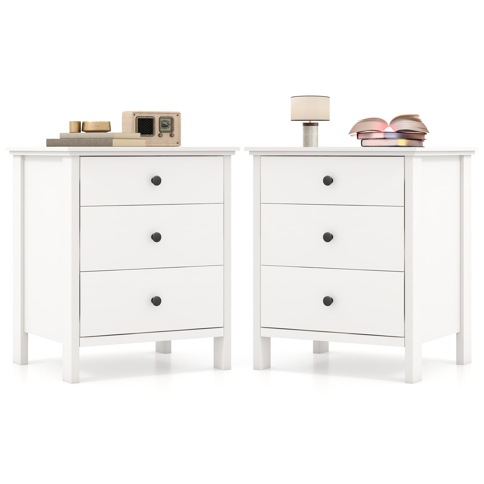 Set of 2 Nightstand with 3 Drawer for Bedroom Compact Storage Chest-White