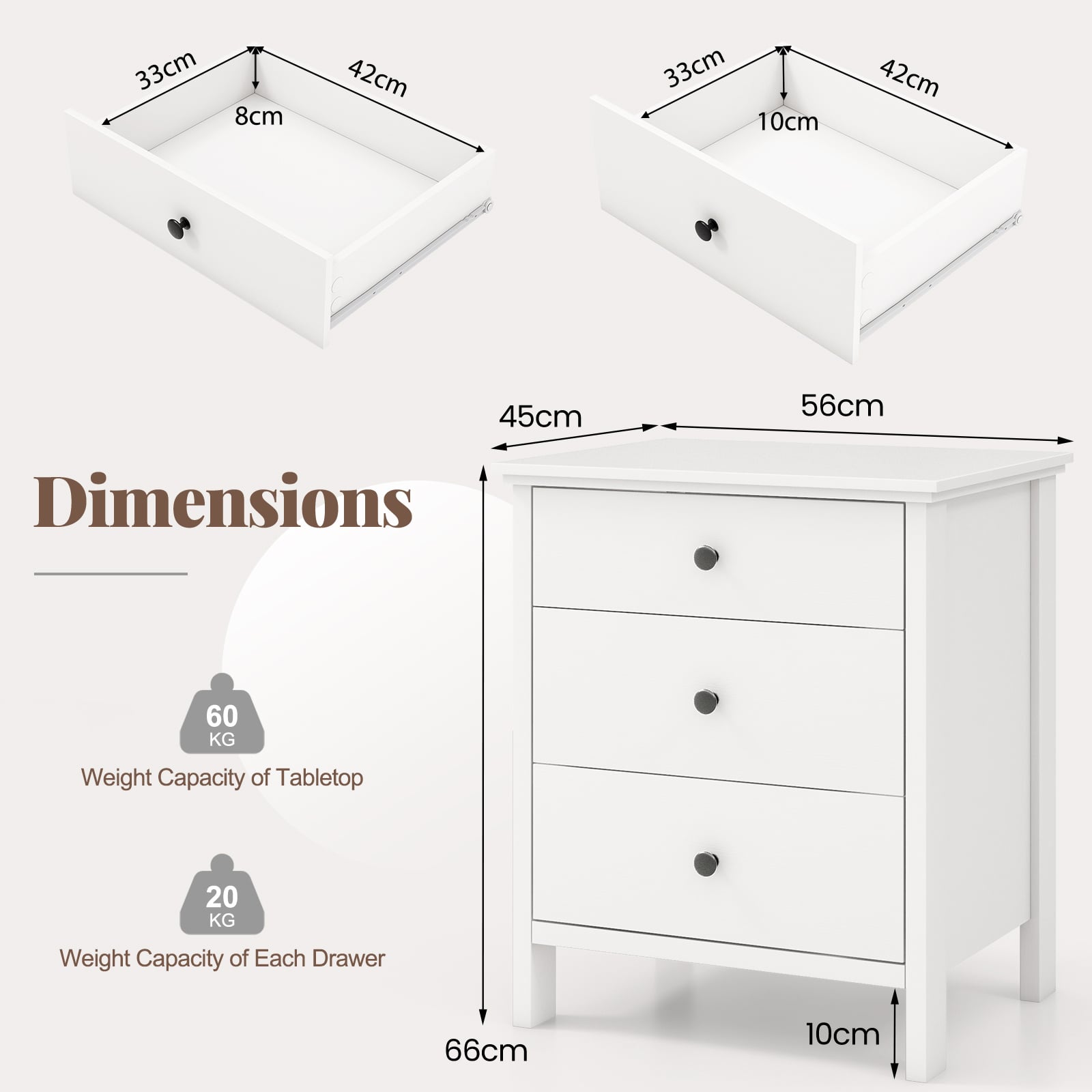 Set of 2 Nightstand with 3 Drawer for Bedroom Compact Storage Chest-White