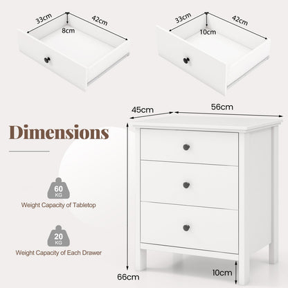 Set of 2 Nightstand with 3 Drawer for Bedroom Compact Storage Chest-White