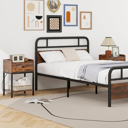 Set of 2 Nightstand with Charging Station Storage Drawer and Open Shelf-Rustic Brown