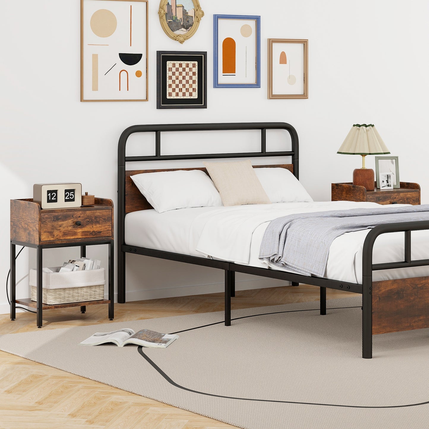 Set of 2 Nightstand with Charging Station Storage Drawer and Open Shelf-Rustic Brown