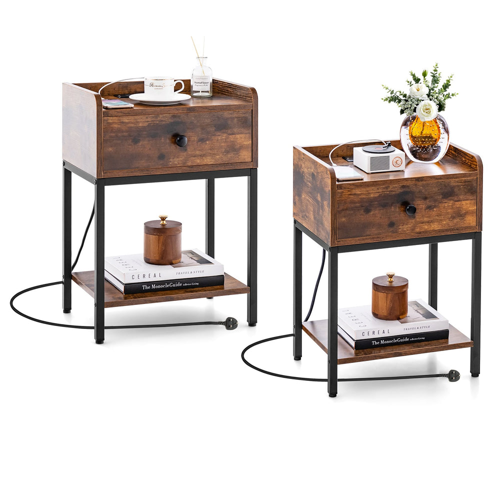 Set of 2 Nightstand with Charging Station Storage Drawer and Open Shelf-Rustic Brown