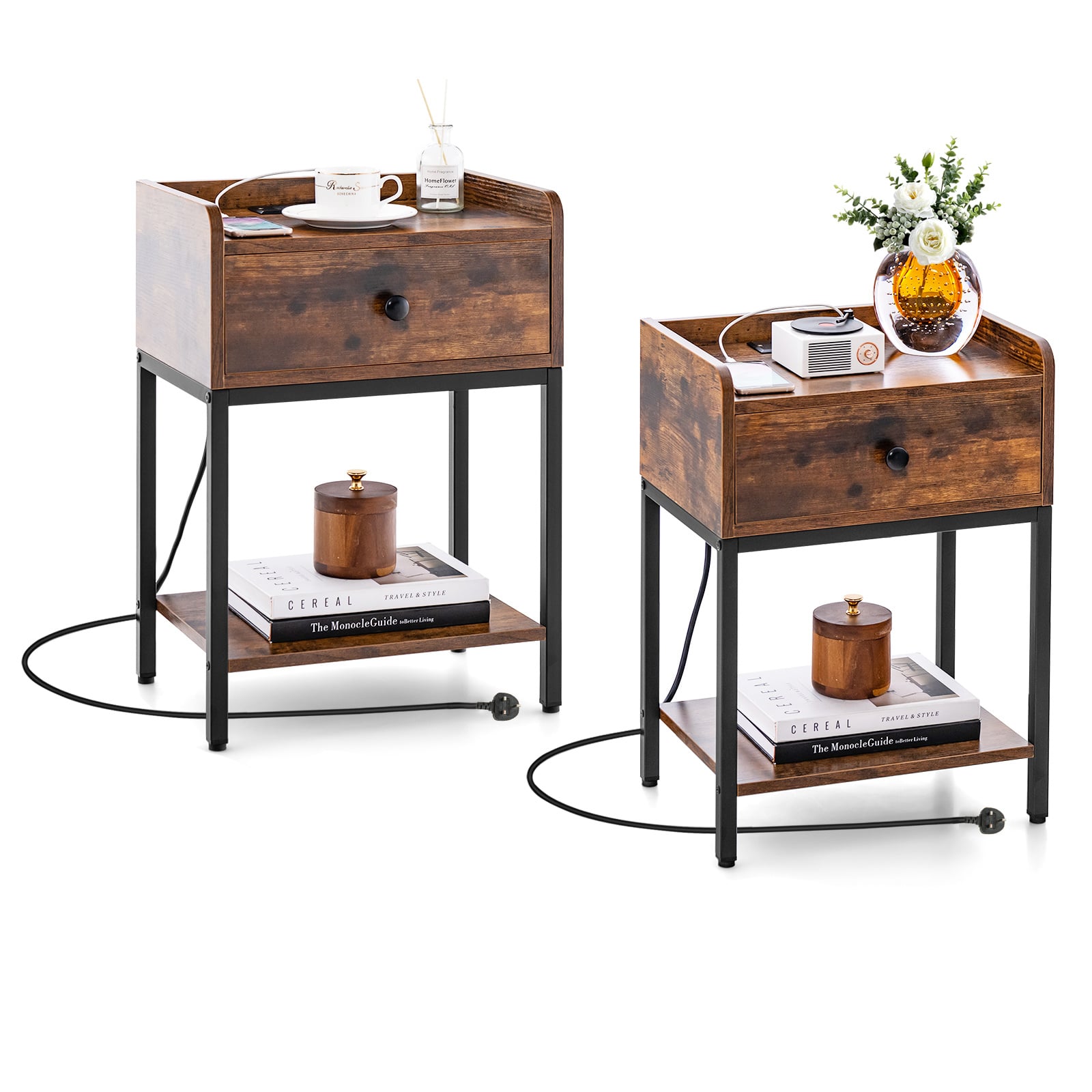 Set of 2 Nightstand with Charging Station Storage Drawer and Open Shelf-Rustic Brown
