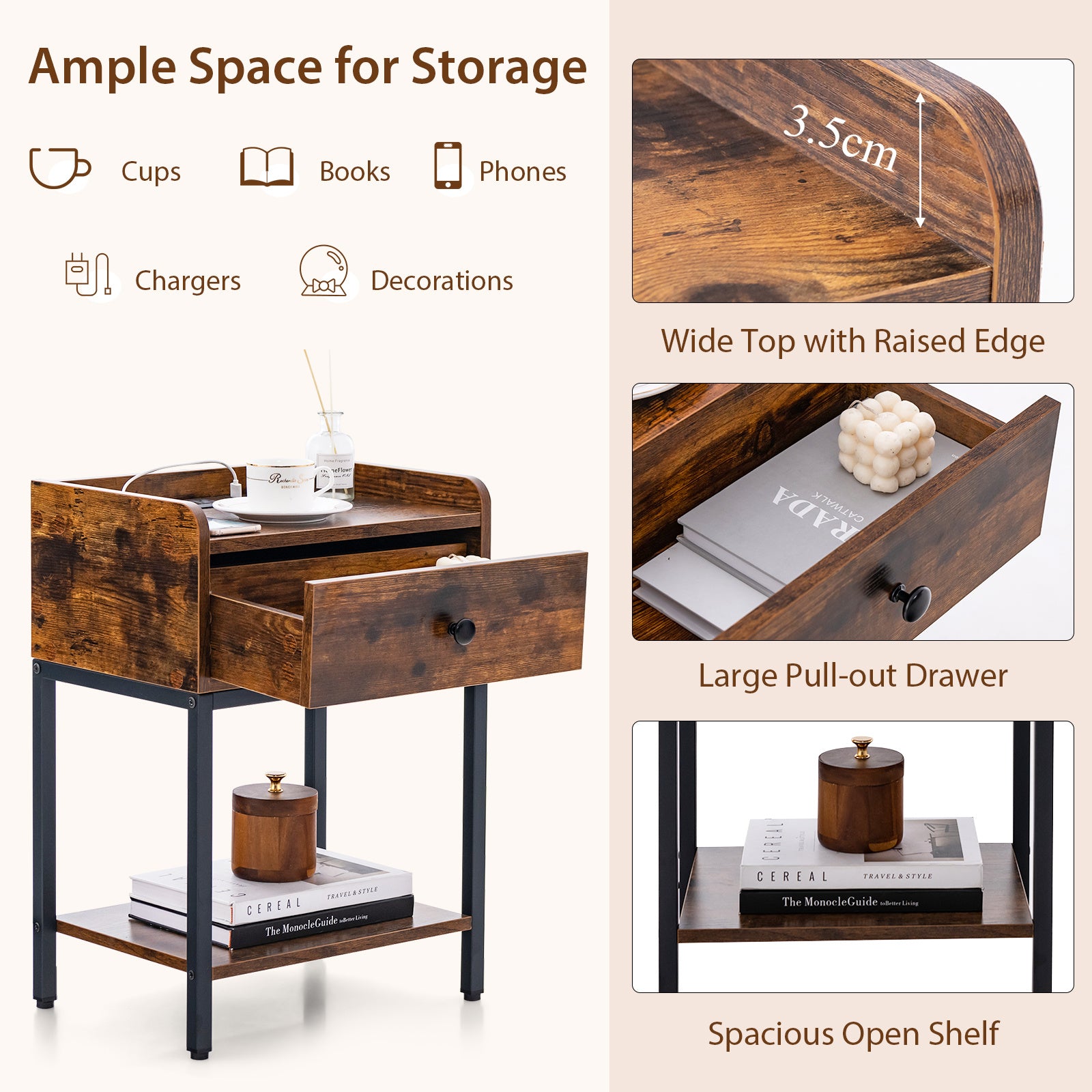 Set of 2 Nightstand with Charging Station Storage Drawer and Open Shelf-Rustic Brown