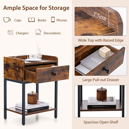 Set of 2 Nightstand with Charging Station Storage Drawer and Open Shelf-Rustic Brown