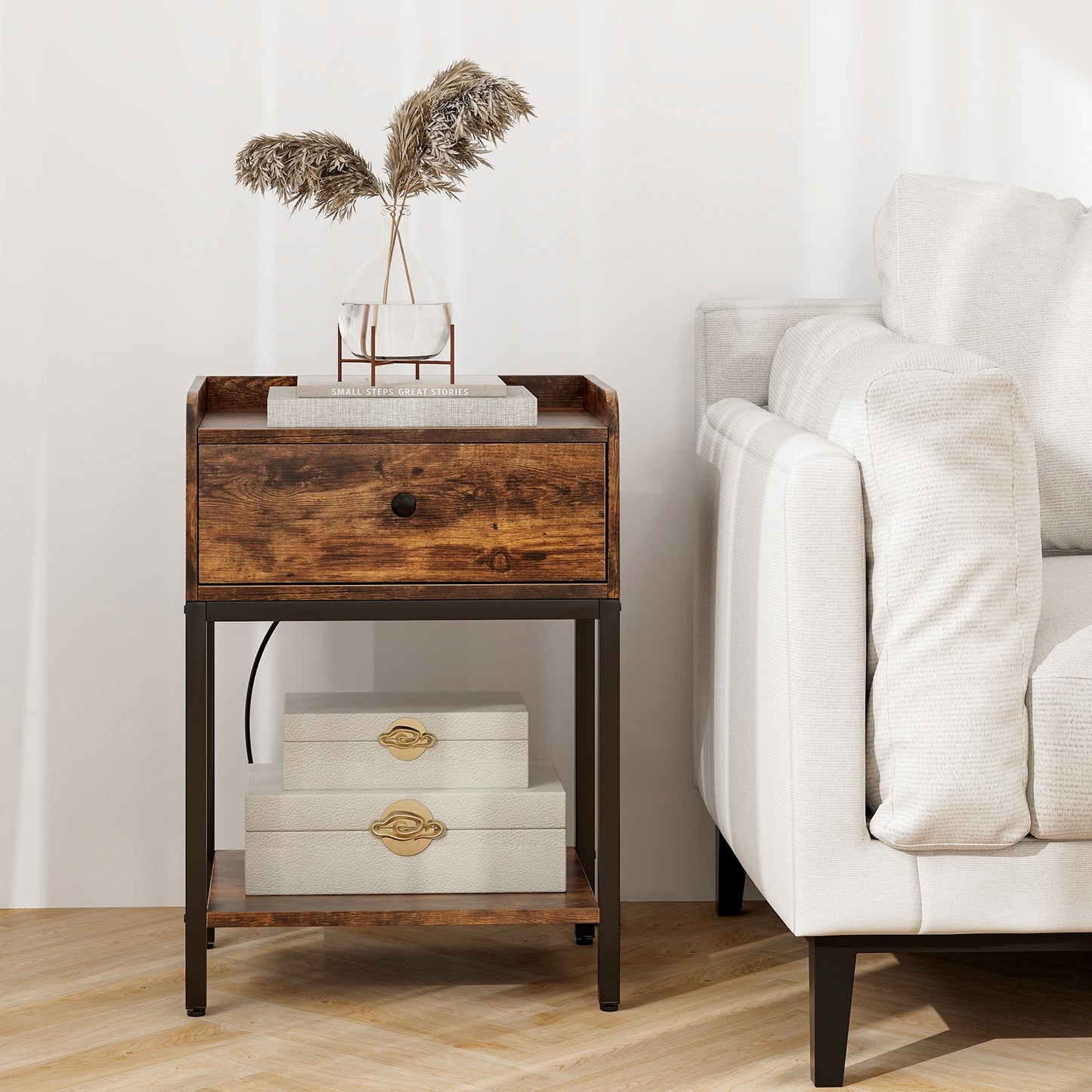 Set of 2 Nightstand with Charging Station Storage Drawer and Open Shelf-Rustic Brown