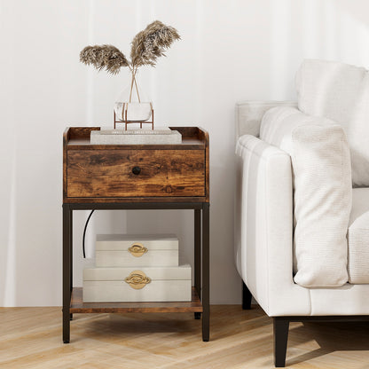 Set of 2 Nightstand with Charging Station Storage Drawer and Open Shelf-Rustic Brown