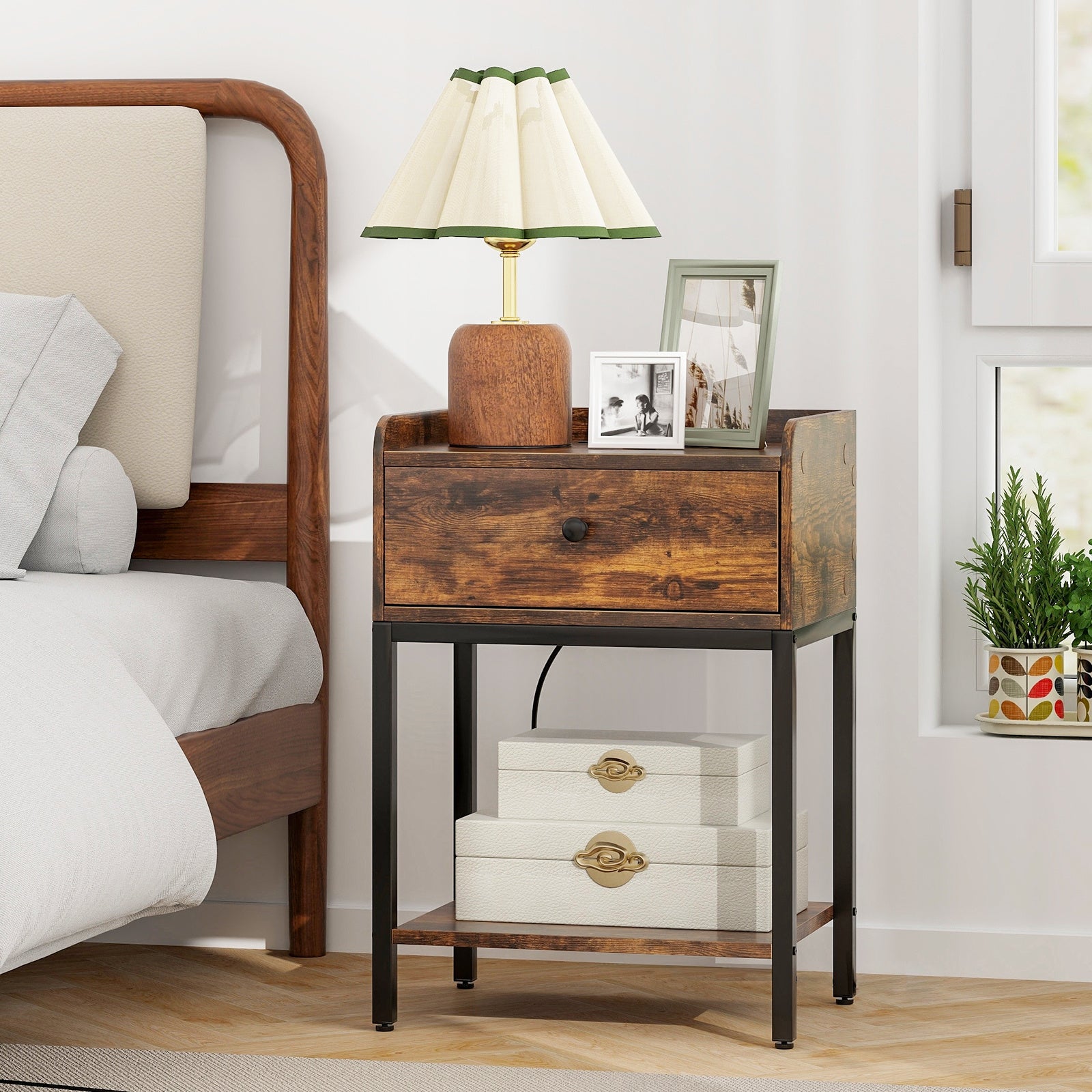 Set of 2 Nightstand with Charging Station Storage Drawer and Open Shelf-Rustic Brown