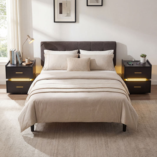 Set of 2 Nightstand with Charging Station and 2 Storage Drawers-Black