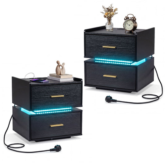 Set of 2 Nightstand with Charging Station and 2 Storage Drawers-Black