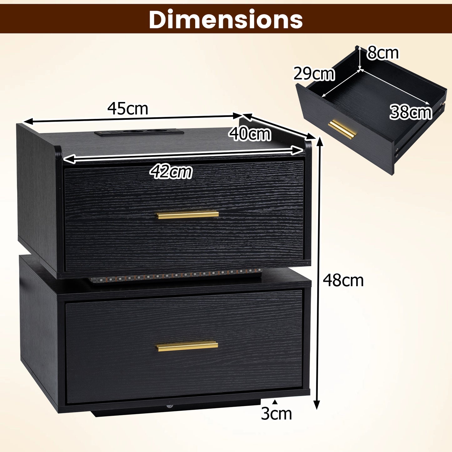 Set of 2 Nightstand with Charging Station and 2 Storage Drawers-Black