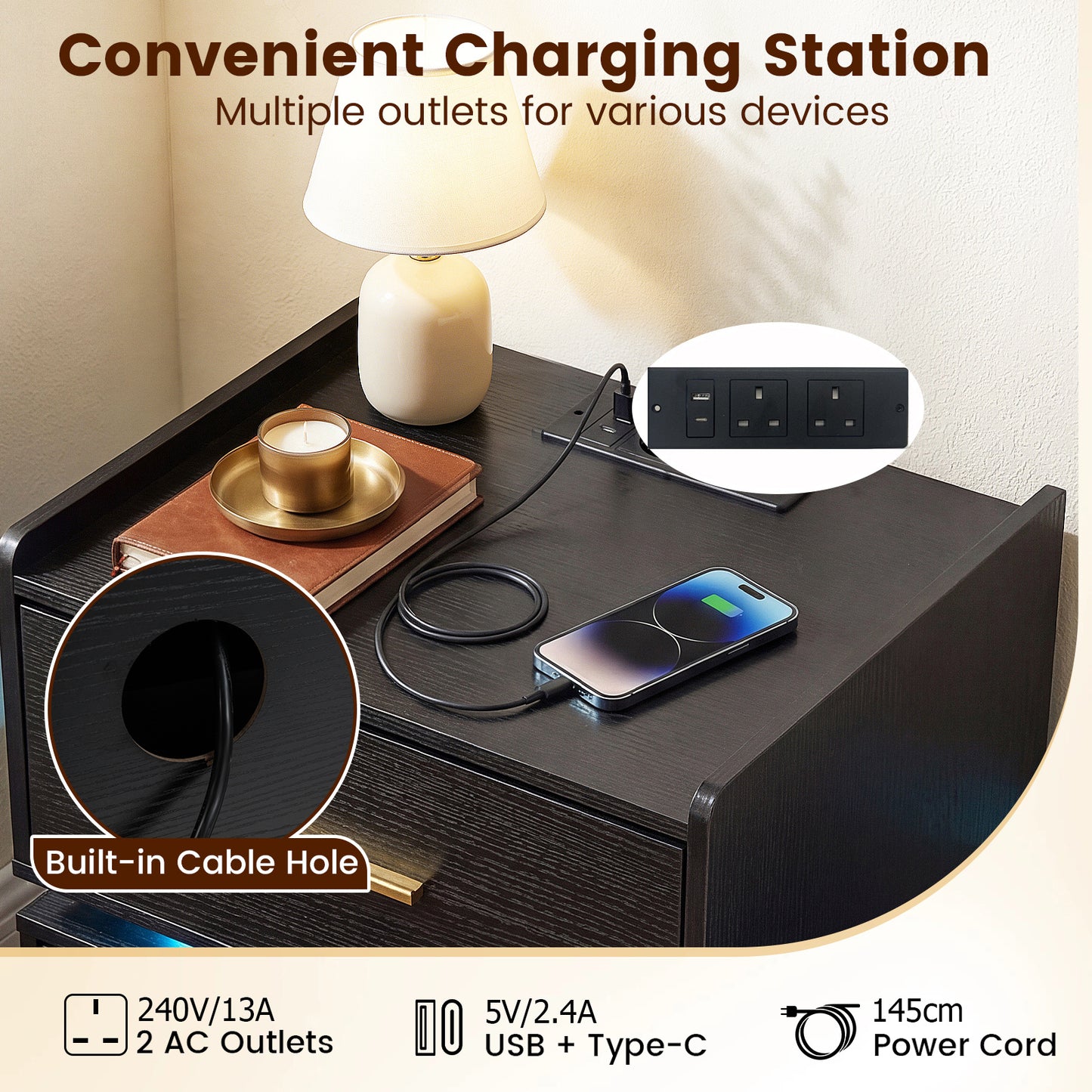 Set of 2 Nightstand with Charging Station and 2 Storage Drawers-Black
