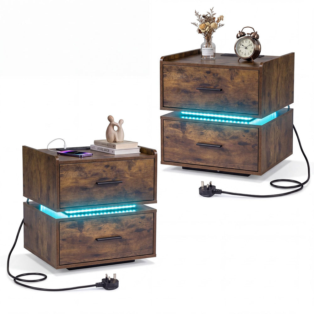 Set of 2 Nightstand with Charging Station and 2 Storage Drawers-Rustic Brown