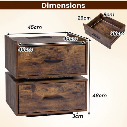 Set of 2 Nightstand with Charging Station and 2 Storage Drawers-Rustic Brown