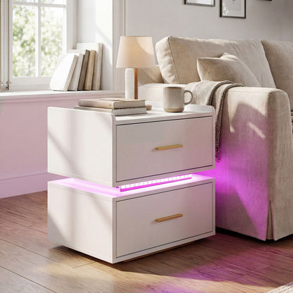 Set of 2 Nightstand with Charging Station and 2 Storage Drawers-White