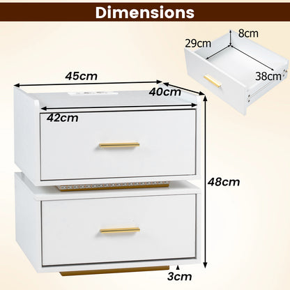 Set of 2 Nightstand with Charging Station and 2 Storage Drawers-White