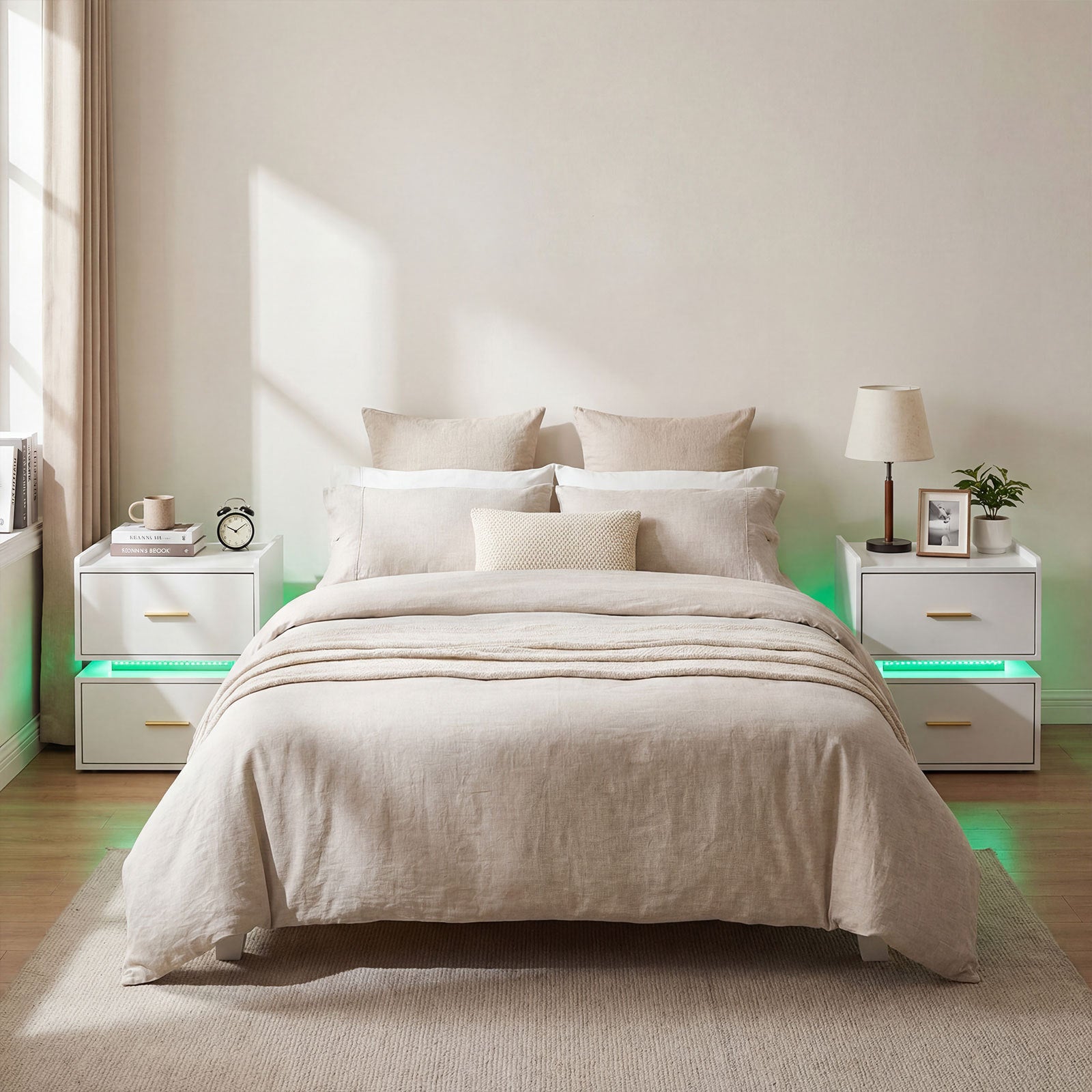 Set of 2 Nightstand with Charging Station and 2 Storage Drawers-White