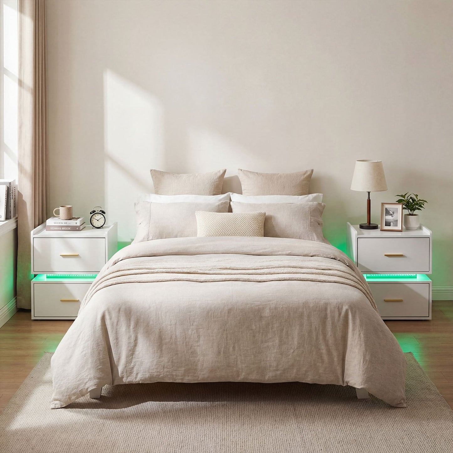 Set of 2 Nightstand with Charging Station and 2 Storage Drawers-White