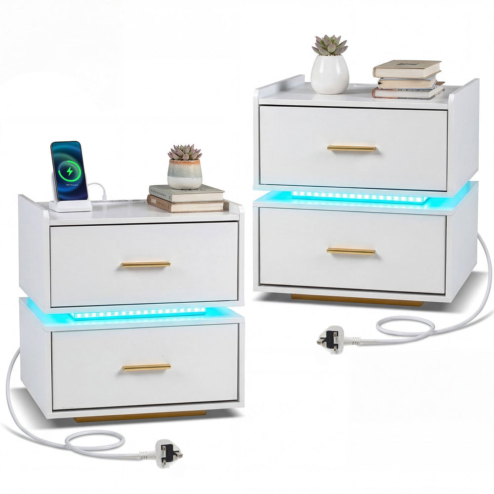 Set of 2 Nightstand with Charging Station and 2 Storage Drawers-White