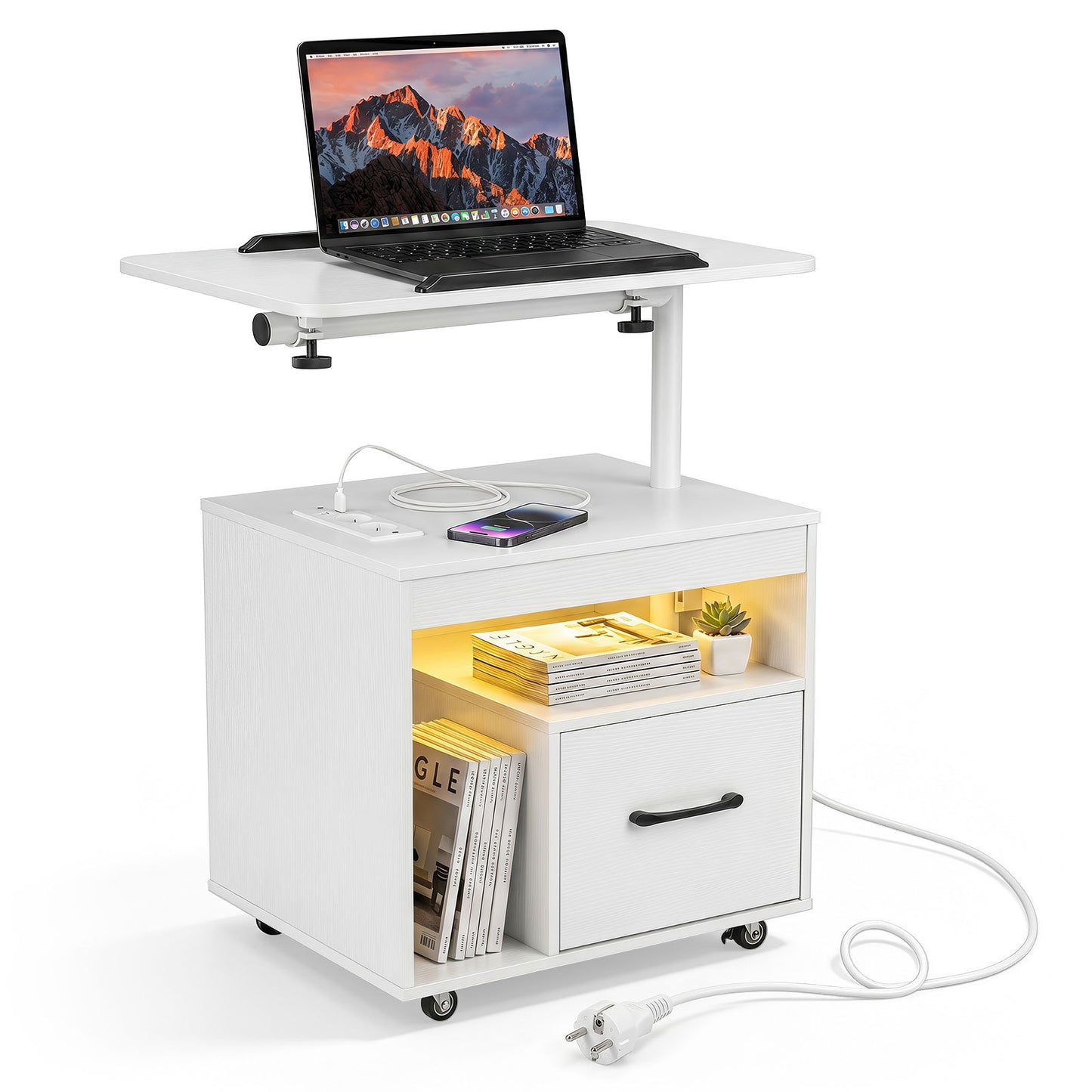Set of 2 Nightstand with Charging Station and Rotatable Tabletop for Bedroom-White