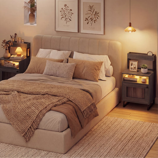 Set of 2 Nightstand with LED Lights Modern End Table with Top Tray-Gray