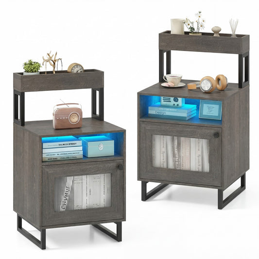 Set of 2 Nightstand with LED Lights Modern End Table with Top Tray-Gray