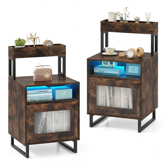 Set of 2 Nightstand with LED Lights Modern End Table with Top Tray-Rustic Brown