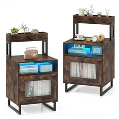 Set of 2 Nightstand with LED Lights Modern End Table with Top Tray-Rustic Brown