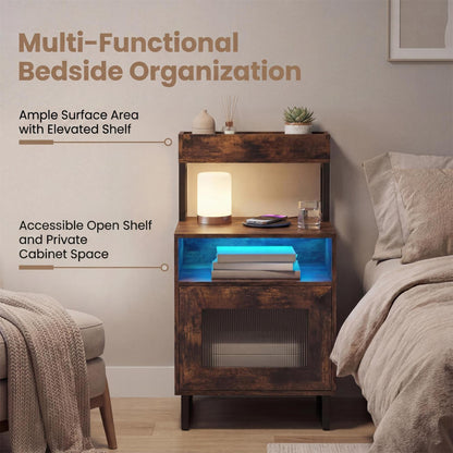 Set of 2 Nightstand with LED Lights Modern End Table with Top Tray-Rustic Brown