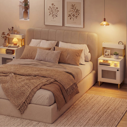 Set of 2 Nightstand with LED Lights Modern End Table with Top Tray-White