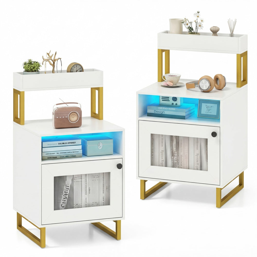Set of 2 Nightstand with LED Lights Modern End Table with Top Tray-White