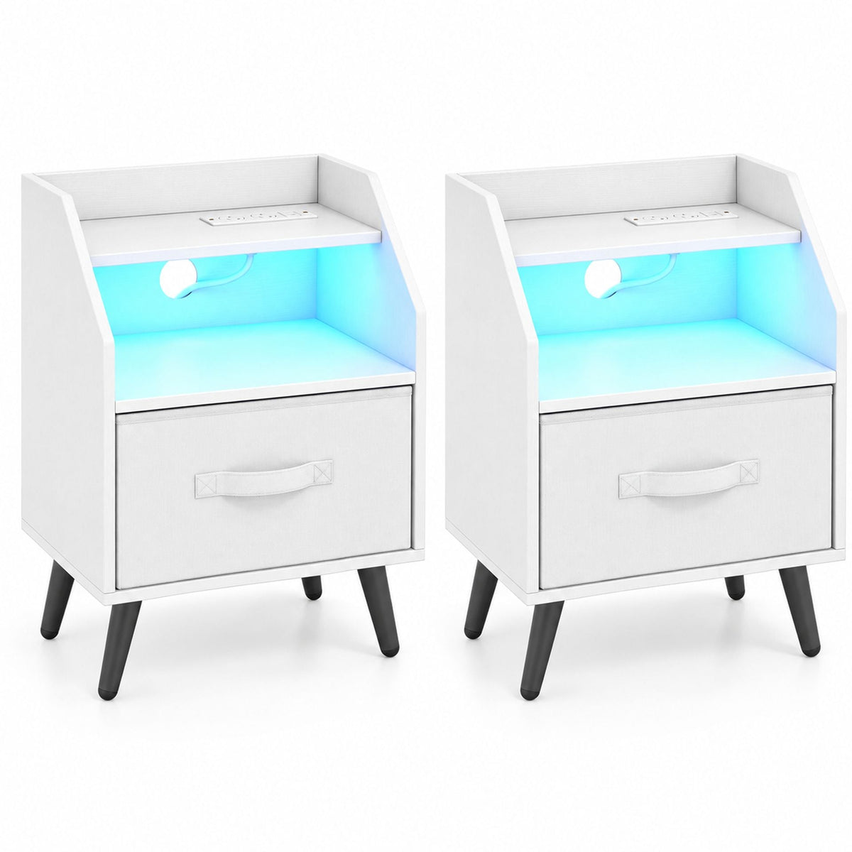 Set of 2 Nightstand with LED Lights and Power Outlets for Bedroom-White