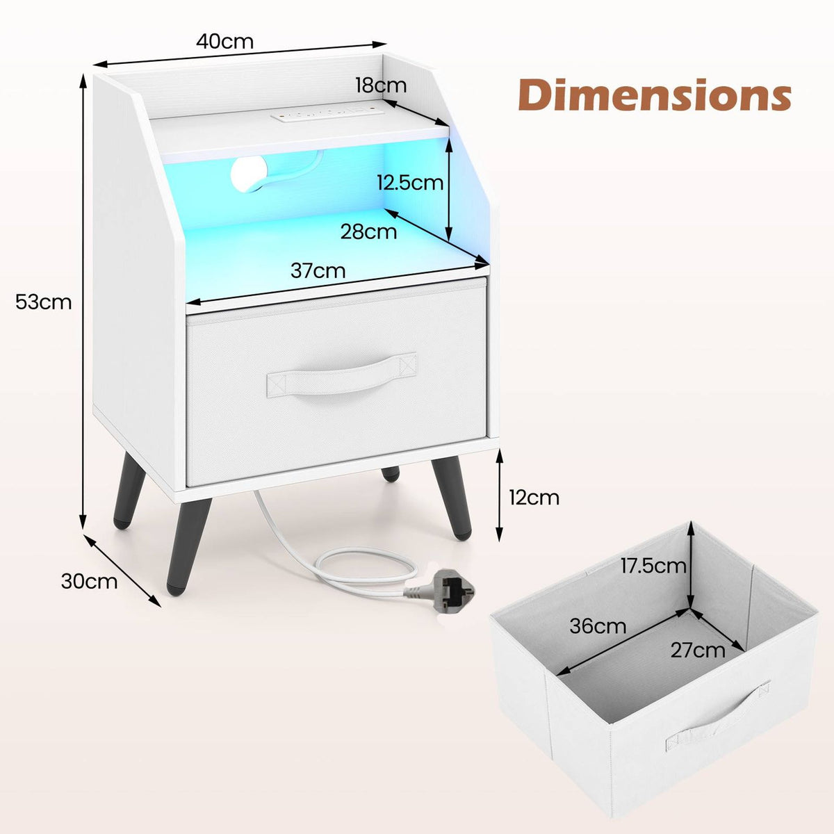 Set of 2 Nightstand with LED Lights and Power Outlets for Bedroom-White