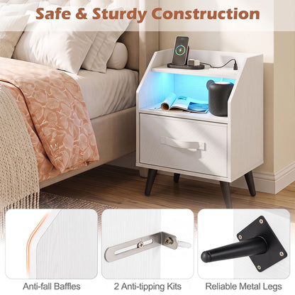 Set of 2 Nightstand with LED Lights and Power Outlets for Bedroom-White