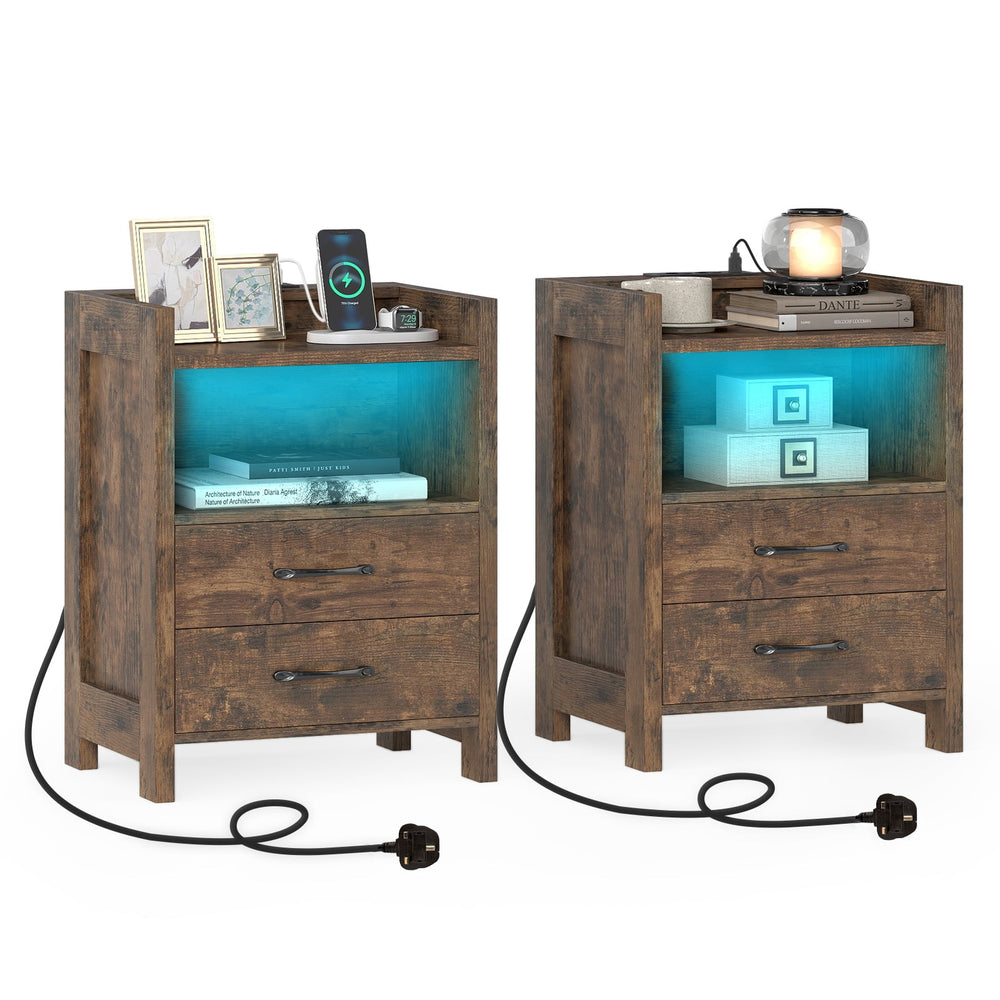 Set of 2 Nightstand with LED Lights and Power Outlets for Living Room-Rustic Brown