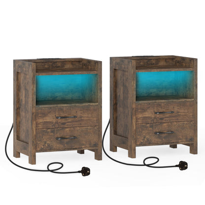 Set of 2 Nightstand with LED Lights and Power Outlets for Living Room-Rustic Brown