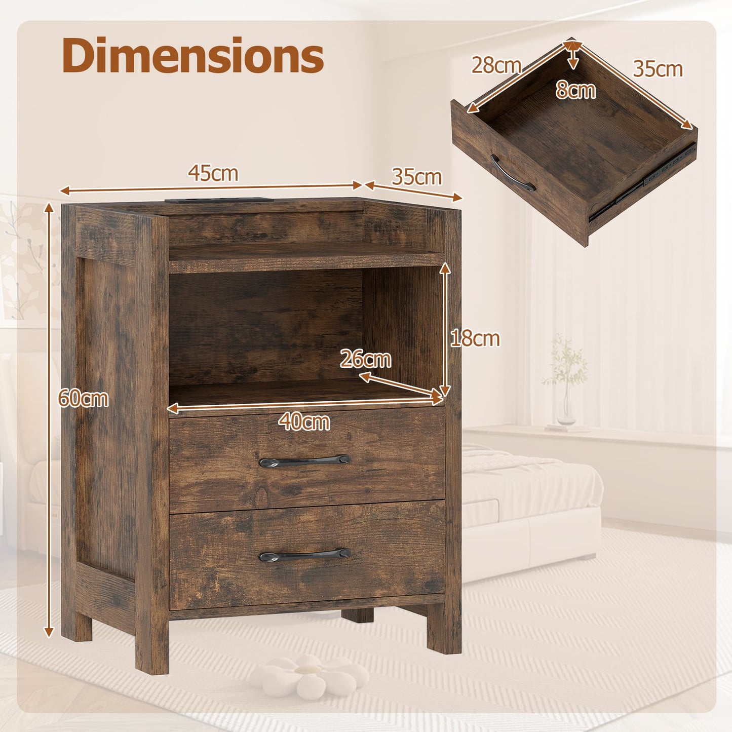 Set of 2 Nightstand with LED Lights and Power Outlets for Living Room-Rustic Brown