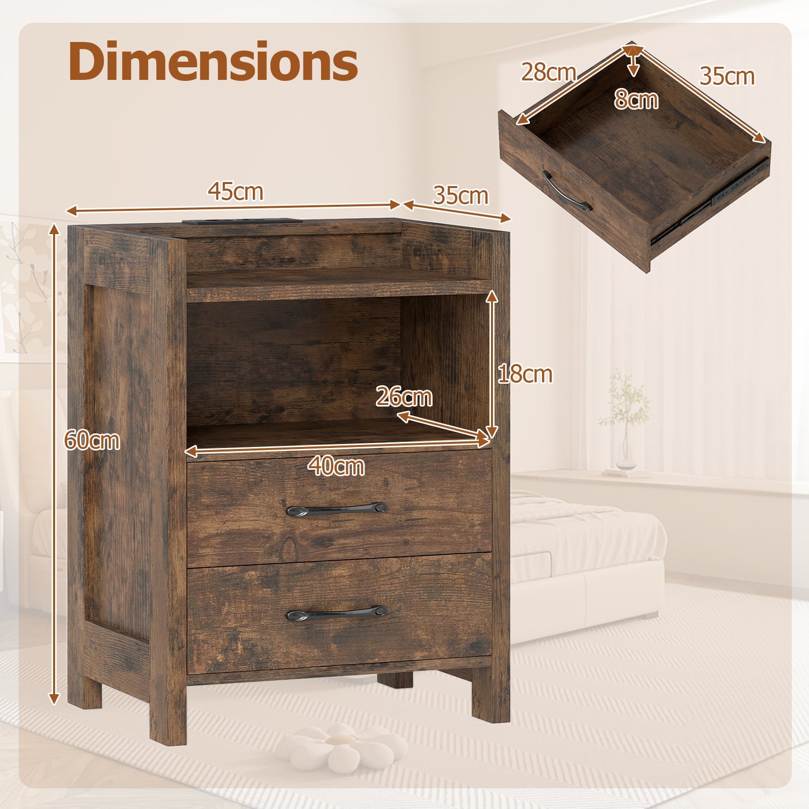 Set of 2 Nightstand with LED Lights and Power Outlets for Living Room-Rustic Brown