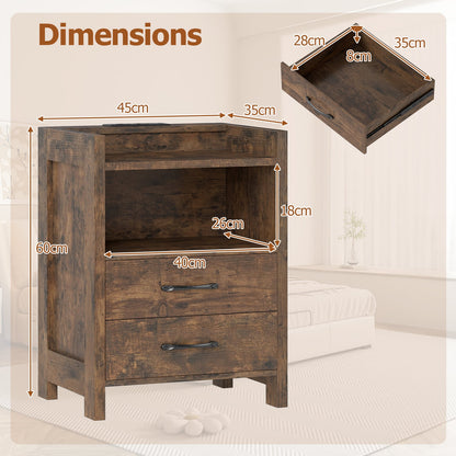 Set of 2 Nightstand with LED Lights and Power Outlets for Living Room-Rustic Brown