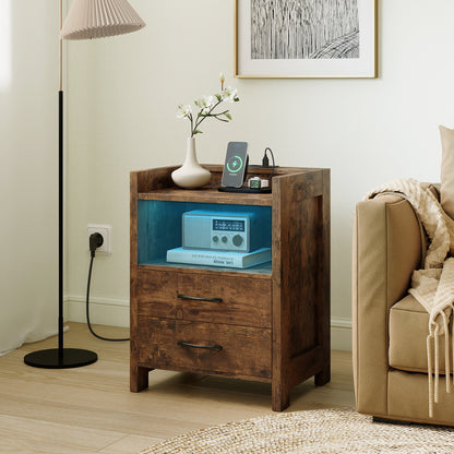 Set of 2 Nightstand with LED Lights and Power Outlets for Living Room-Rustic Brown