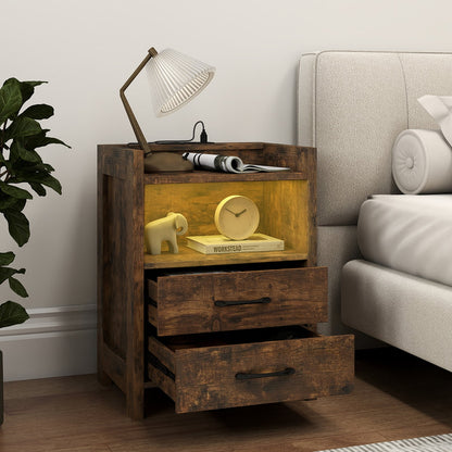 Set of 2 Nightstand with LED Lights and Power Outlets for Living Room-Rustic Brown